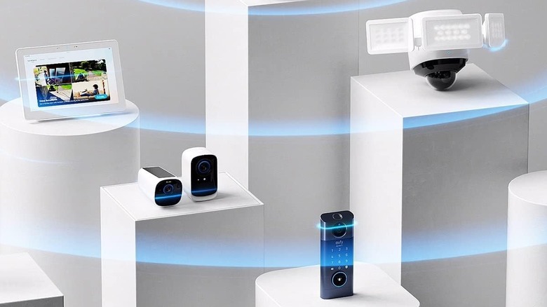 A bunch of security equipment on podiums.