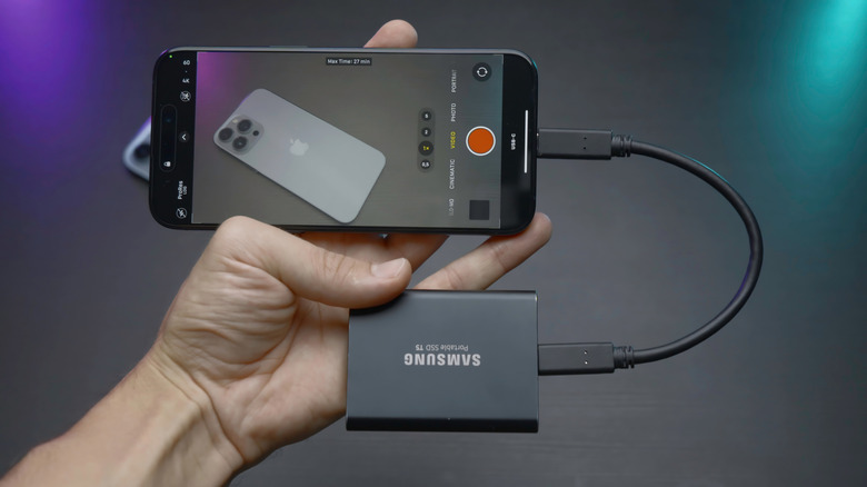 external hard drive plugged into a smartphone