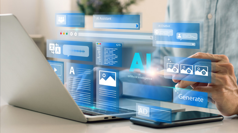 A man working on a laptop with various AI chatbot windows superimposed