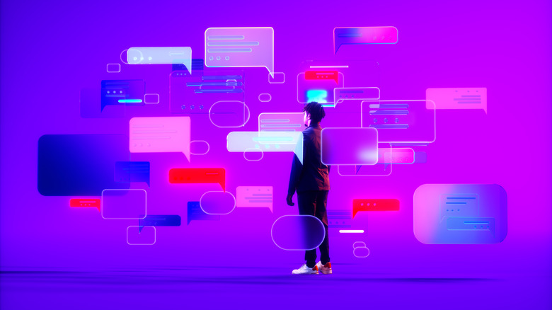 Clip art image of a person surrounded by conversation bubbles