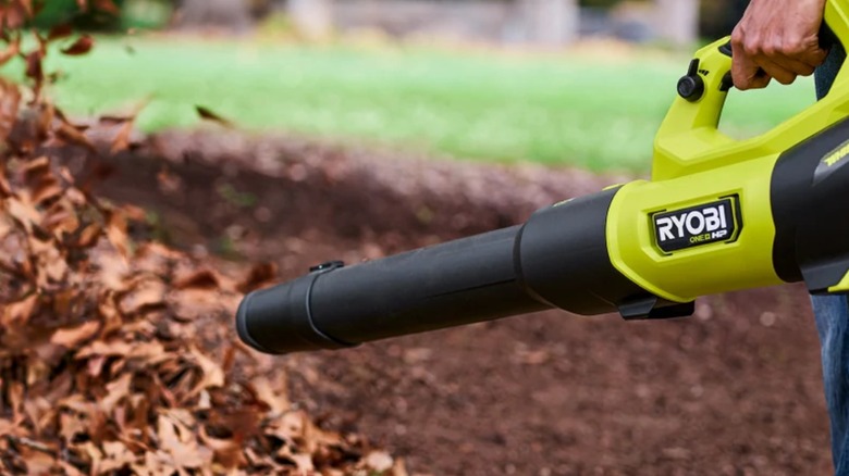 A person using a Ryobi blower on leaves.