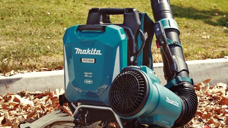 Makita Backpack blower in a pile of leaves