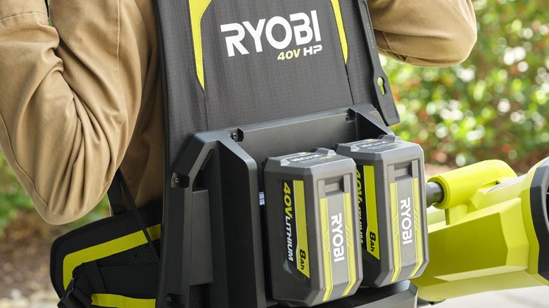 Person wearing Ryobi backpack blower