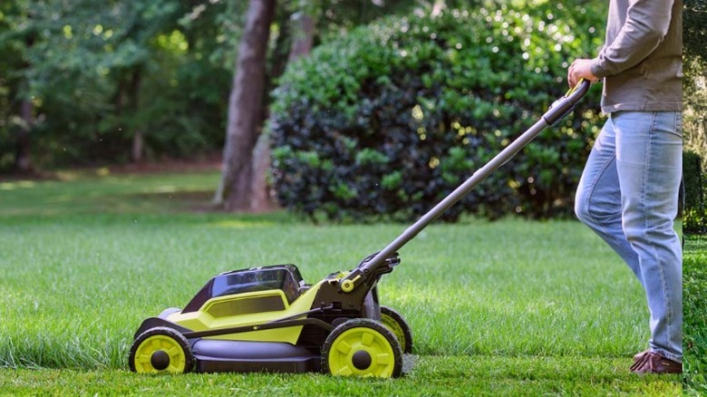Person mowing lawn with Ryobi mower
