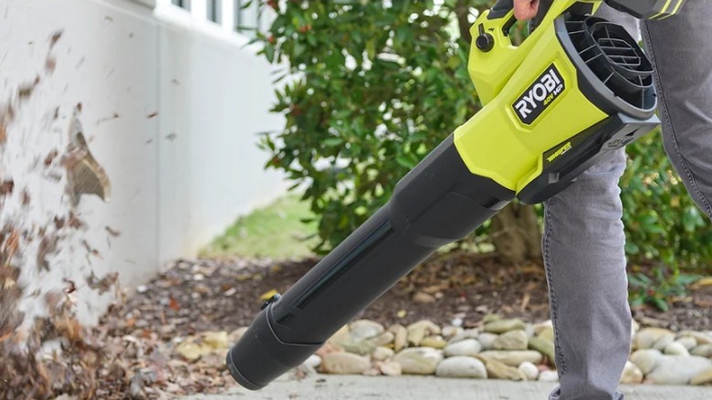 Person clearing leaves with Ryobi blower