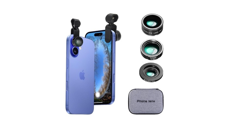 A camera lens attachment installed on an iPhone 16