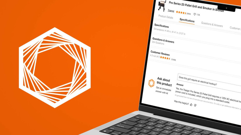 The Home Depot Magic Apron AI logo displayed on an orange background next to an open laptop showing a grill and smoker on Home Depot's website