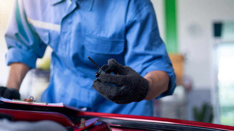 A person checking transmission fluid levels