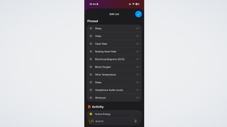 Apple iPhone Health app edit list in health summary