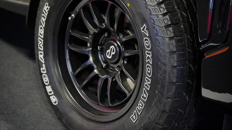 Closeup of a Yokohama Geolandar tire