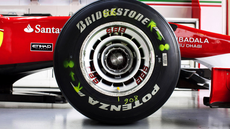 Spanish Ferrari Formula Bridgestone tires on a Ferrari Formula One car