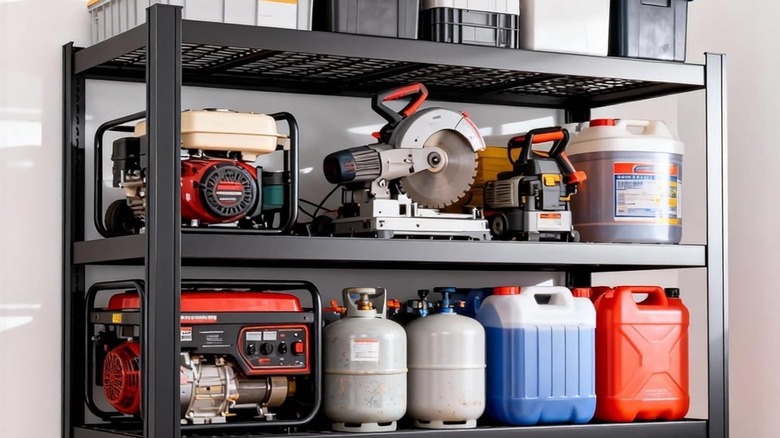 A bunch of tools and cannisters on a storage shelf.