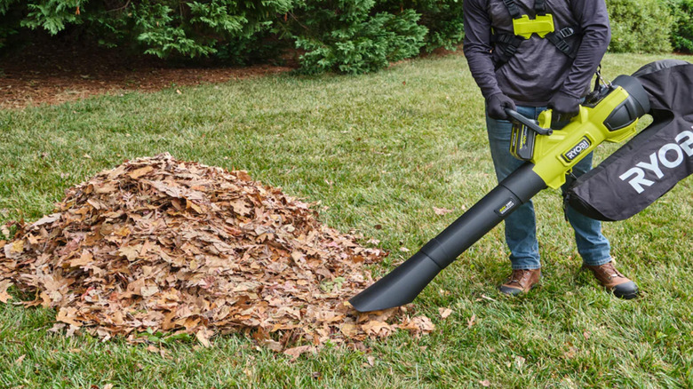 A man using a Ryobi leaf vacuum to clean up leaves