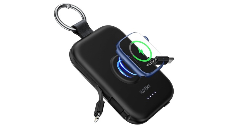 Black electronic keychain device with attached charging cables