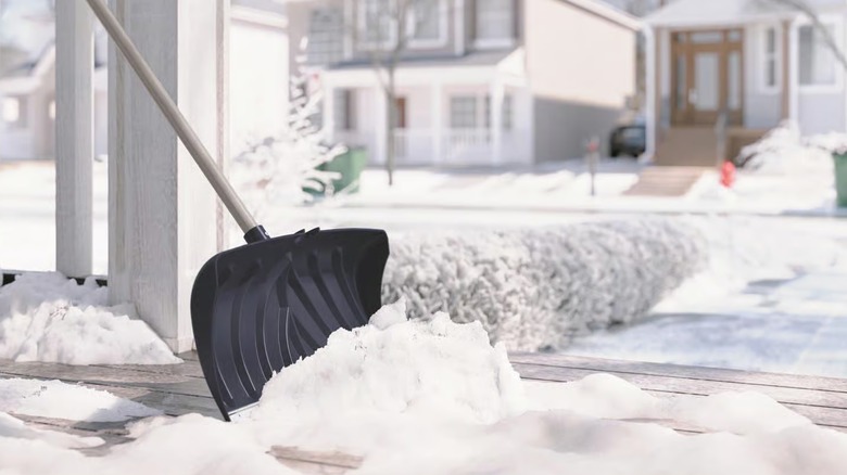 Shoveling snow with the Suncast Poly Snow Pusher.