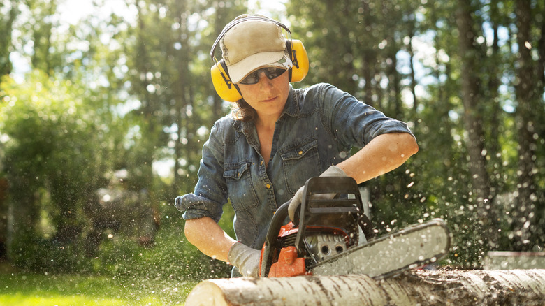 Person cutting log with chainsaw