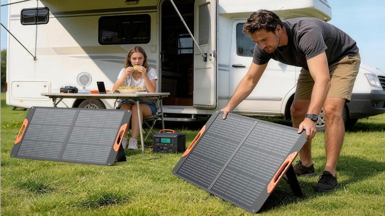 Zoupw 100W Portable Solar Panels set up at a campsite