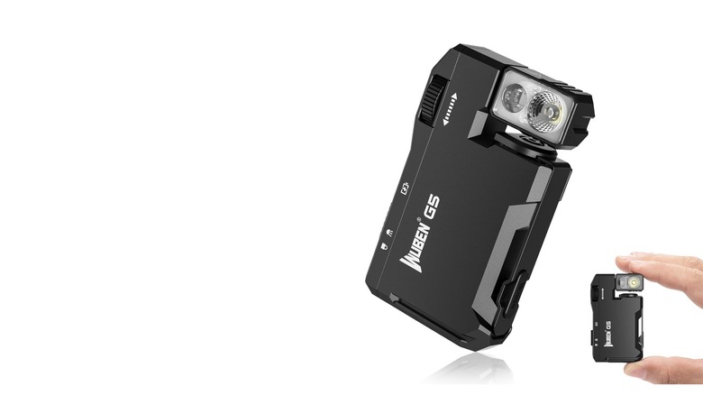 close up of WUBEN G5 Rechargeable Flashlight on a white background with an inset showing it being held in a hand