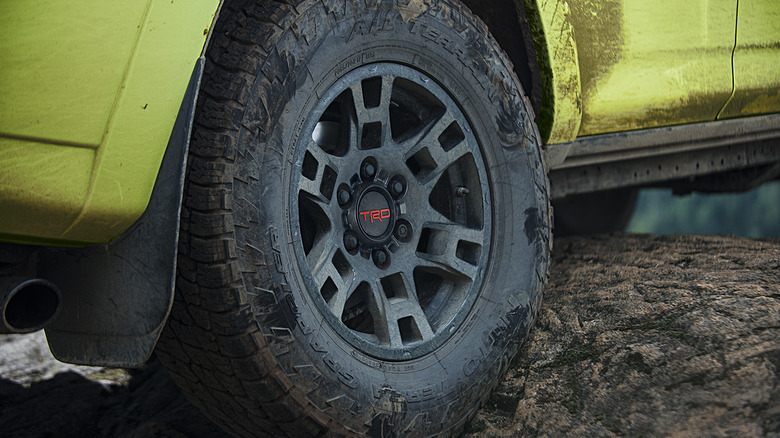 A close-up shot of a Toyota 4Runner TRD Pro tire.