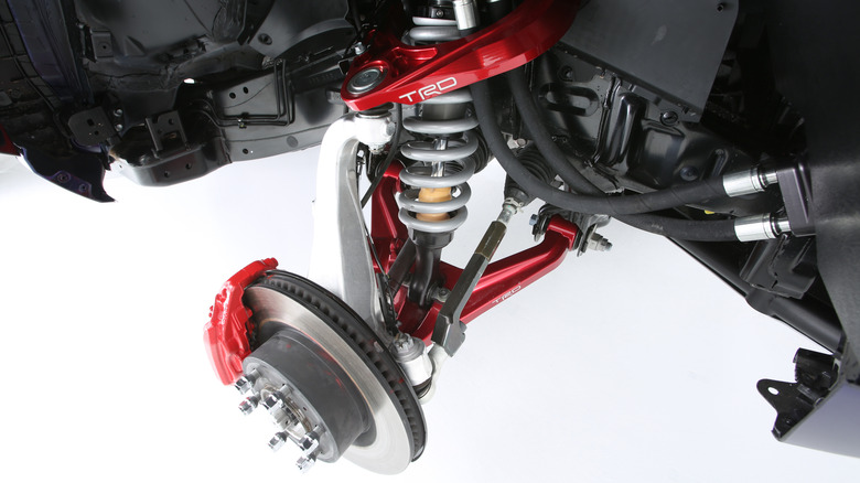 A close-up shot of a Toyota 4Runner TRD suspension.