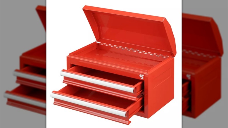 A red JobSmart 2-Drawer Mini Tool Box.
