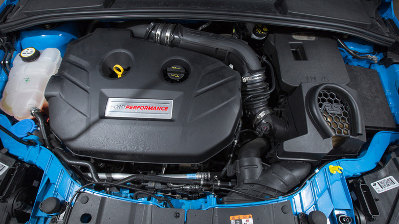 A close-up of a Ford Focus RS EcoBoost 2.3-liter engine.