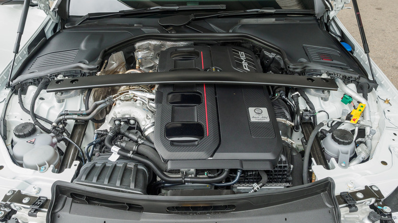 A close-up of a W206 Mercedes C63 AMG E Performance engine.
