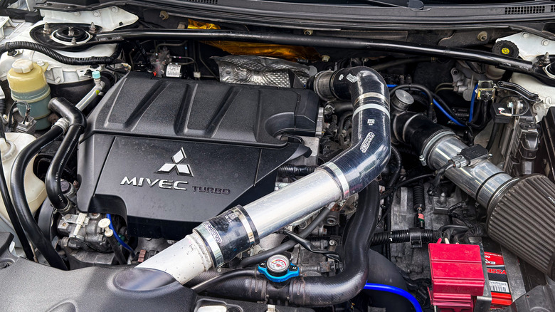 A close-up of a Mitsubishi Lancer EVO X engine.