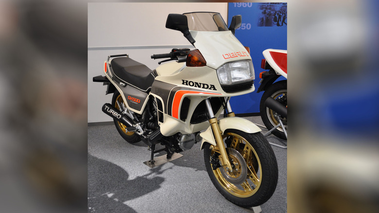 Honda CX500 Turbo motorcycle on display at a museum.