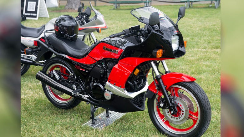 Kawasaki GPz750 Turbo on display at an outdoor motorcycle event.