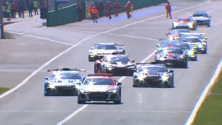Head-on view of GT2 race cars on formation lap at 2025 Monza GT2 race