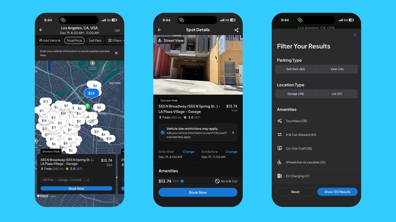 SpotHero app showing the locations of parking spots in Los Angeles region