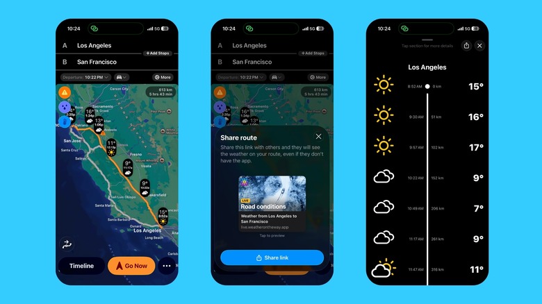 Weather on the way app showing temperature of all the cities between Los Angeles and San Francisco