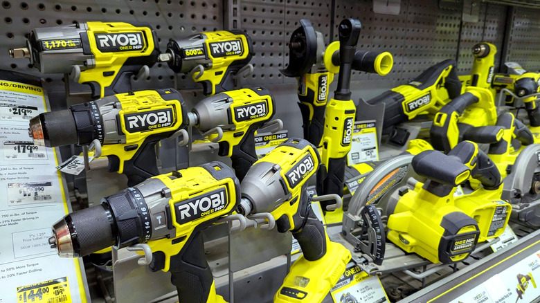 a collection of Ryobi tools