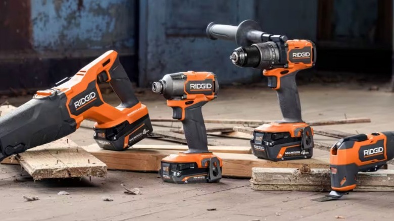 Ridgid tools displays on wood floor