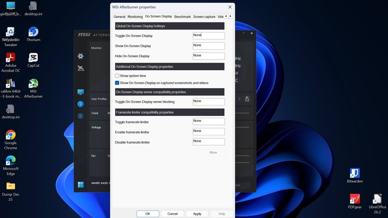 Screenshot of the MSI Afterburner properties menu showing OSD settings on a Windows 11 PC