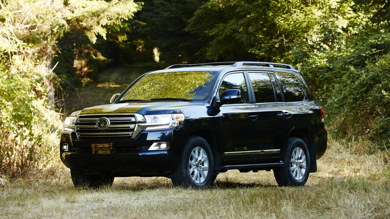 Front 3/4 view of a black 2018 Toyota Land Cruiser out of the woods