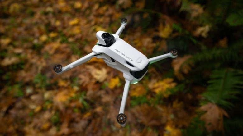 Antigravity A1 drone flies in forest area