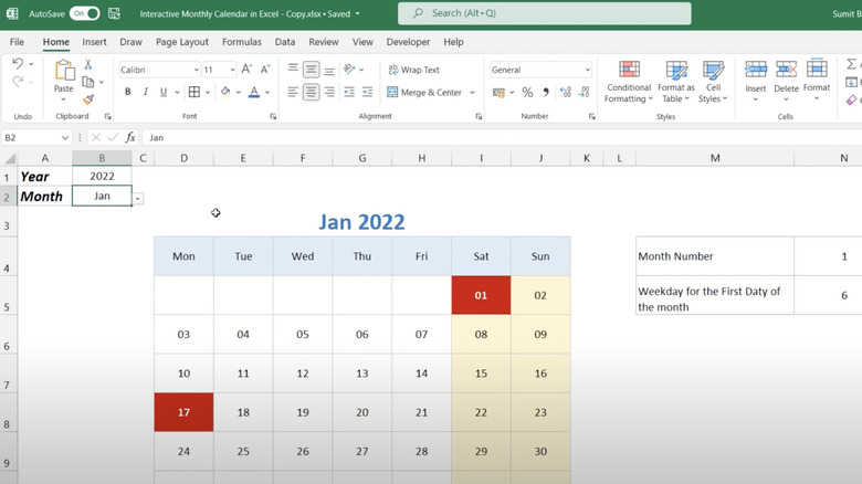 Interactive calendar in Excel