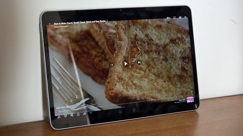 A YouTube video on how to make french toast playing on a tablet
