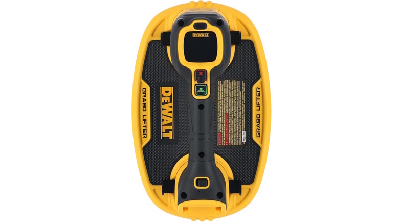 Yellow and black DeWalt Grabo Lifter on a white background