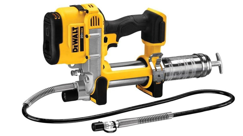 Yellow and black DeWalt Grease Gun with hose wrapped out and extended