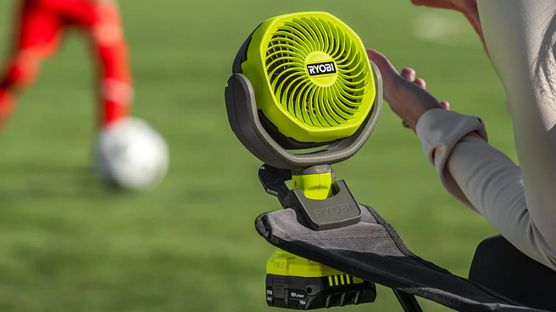 Ryobi's -Inch Clamp Fan attached to a chair