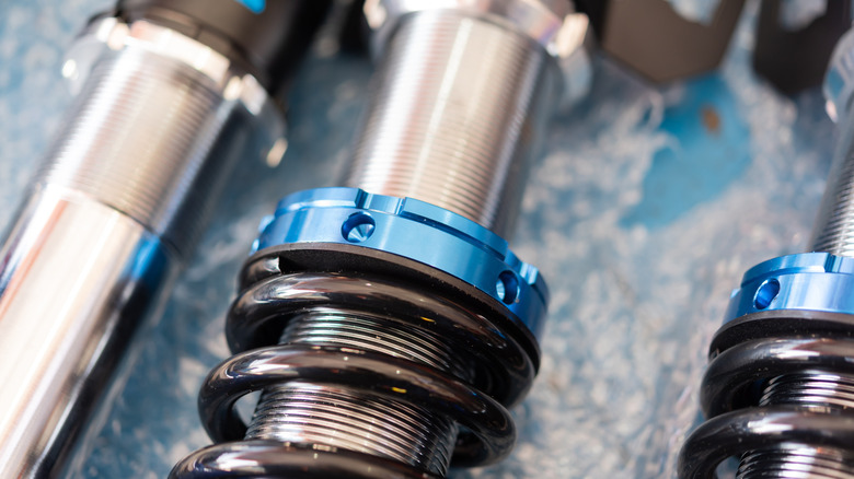 Close-up of performance adjustable coilover suspension parts