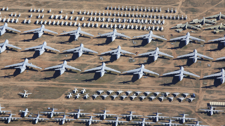 Aerial view of the U.S. military aircraft in storage at Davis-Monthan Air Force Base in Arizona.