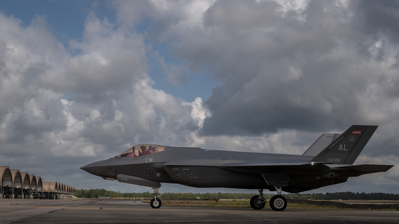 Side view of F-35 Lightning II fighter taxing at Eglin Air Force Base, Florida.