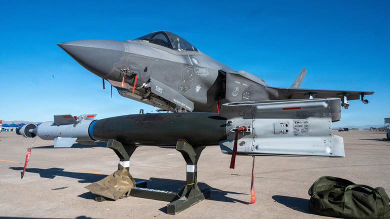 Front view of F-35 fighter and weaponry on display at Luke Air Force Base, Arizona.