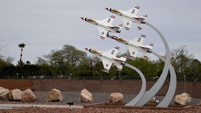View of Thunderbirds F-16 display outside of Nellis Air Force Base, Nevada.