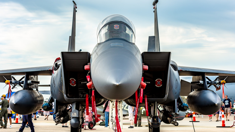 Front view of F-15E Strike Eagle at Seymour Johnson Air Force Base during air show.
