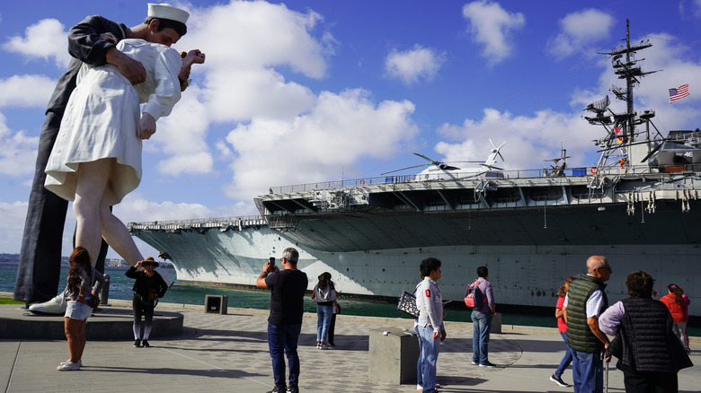 USS Midway in San Diego view from pier with visitors